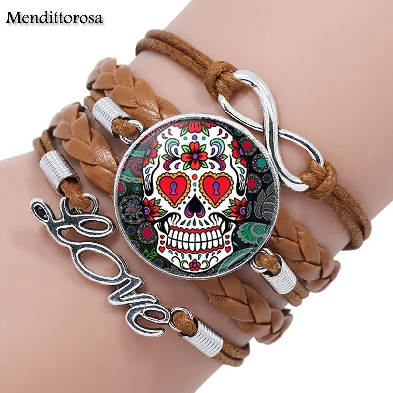 Mendittorosa мексиканский милый череп цвет ювелирные изделия со стеклом кабошон Многослойный черный/коричневый кожаный браслет для женщин - Окраска металла: as picture