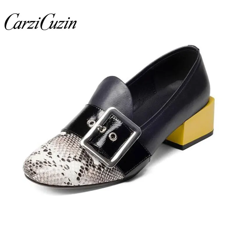 

RIZABINA Real Leather Women High Heel Shoes Patchwork Buckle Pumps Fashion Office Lady Shoes Women Daily Footwear Size 33-43