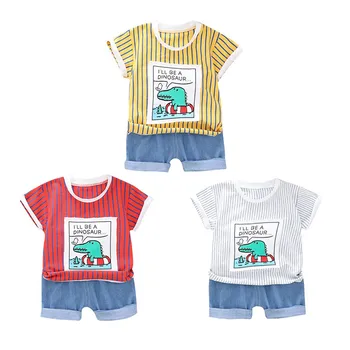 

Multicolor Summer Kids Boys Girls Short Sleeve Stripe Cartoon Print Tops T-shirt+Denim Shorts Children Casual Outfits Sets