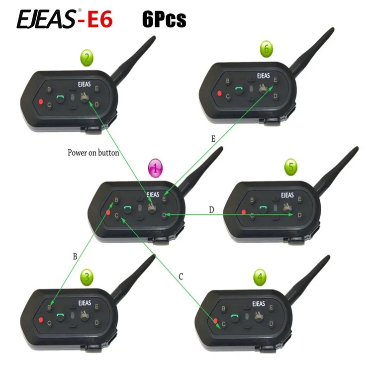 6 шт новейший ejeas E6 1300 м переговорное bluetooth-устройство для мотоциклетного шлема для 6 ездоков, беспроводное переговорное устройство BT шлемофон