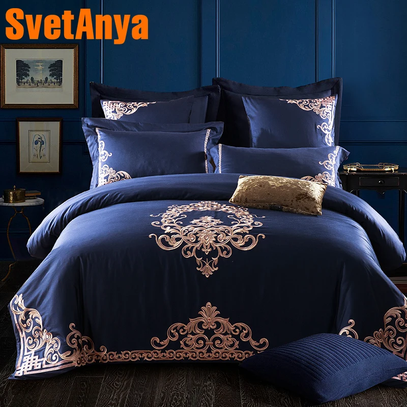 Luxury Deep Blue European Bedding Sets Queen King Size Embroidery