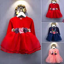 2016 Autumn style kids dress for girls flower lace princess party costume girl floral dress pearl kids clothes vestido meninas