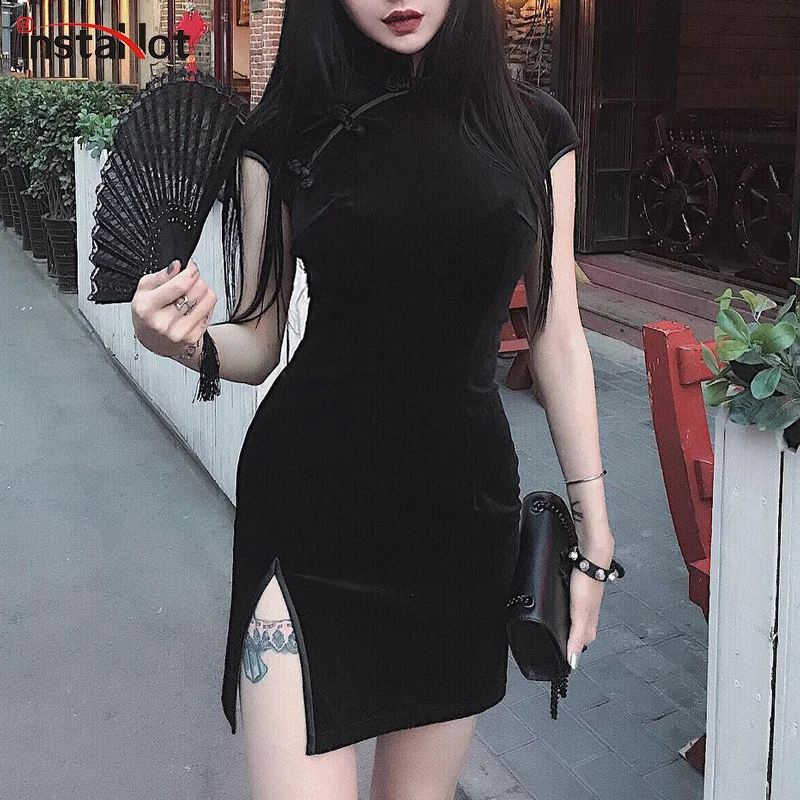 

InstaHot Chinese Style Velvet Cheongsam Dress Women Bodycon Vintage Retro Short Sleeve Split Mini Traditional Lady Elegant Qipao