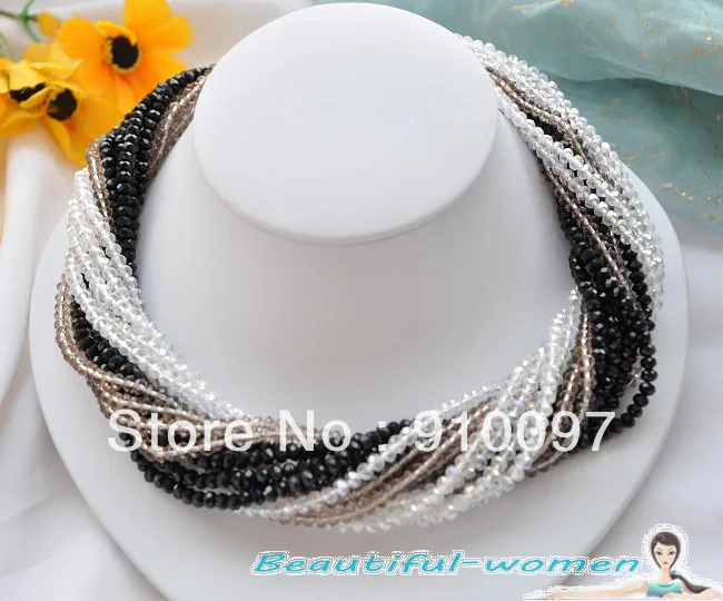 

shipping >>>15row 18" 4mm black smoky clear faceted crystal rainbow necklace