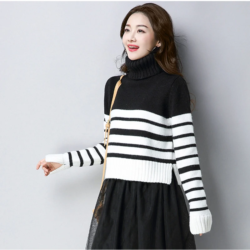 2018 autumn winter new sweater women loose wild lady high collar long sleeve Large size sweater female striped Pullovers ll781 2018 autumn winter new sweater women loose wild lady high collar long sleeve Large size sweater female striped Pullovers ll781