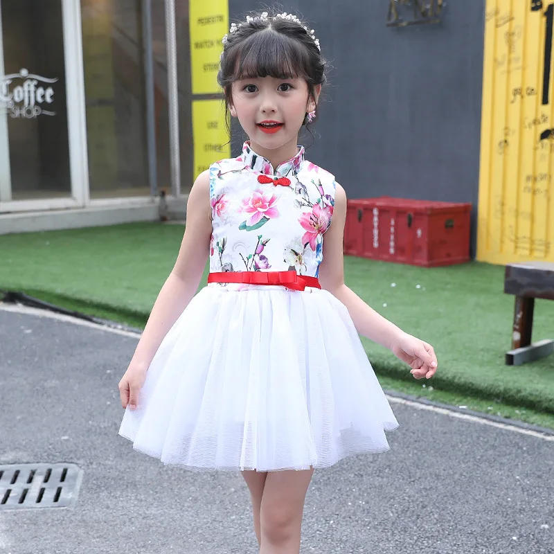 

Girls dress new children's clothing printed cheongsam summer sleeveless fluffy dress 3-12 years baby girl clothes