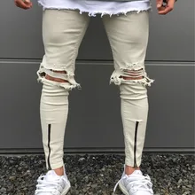 Мужские рваные джинсы на молнии, обтягивающие, стрейчевые, модные, рваные, дизайнерские, узкие, хаки, черные, белые, хаки, байкерские джинсы, джоггеры