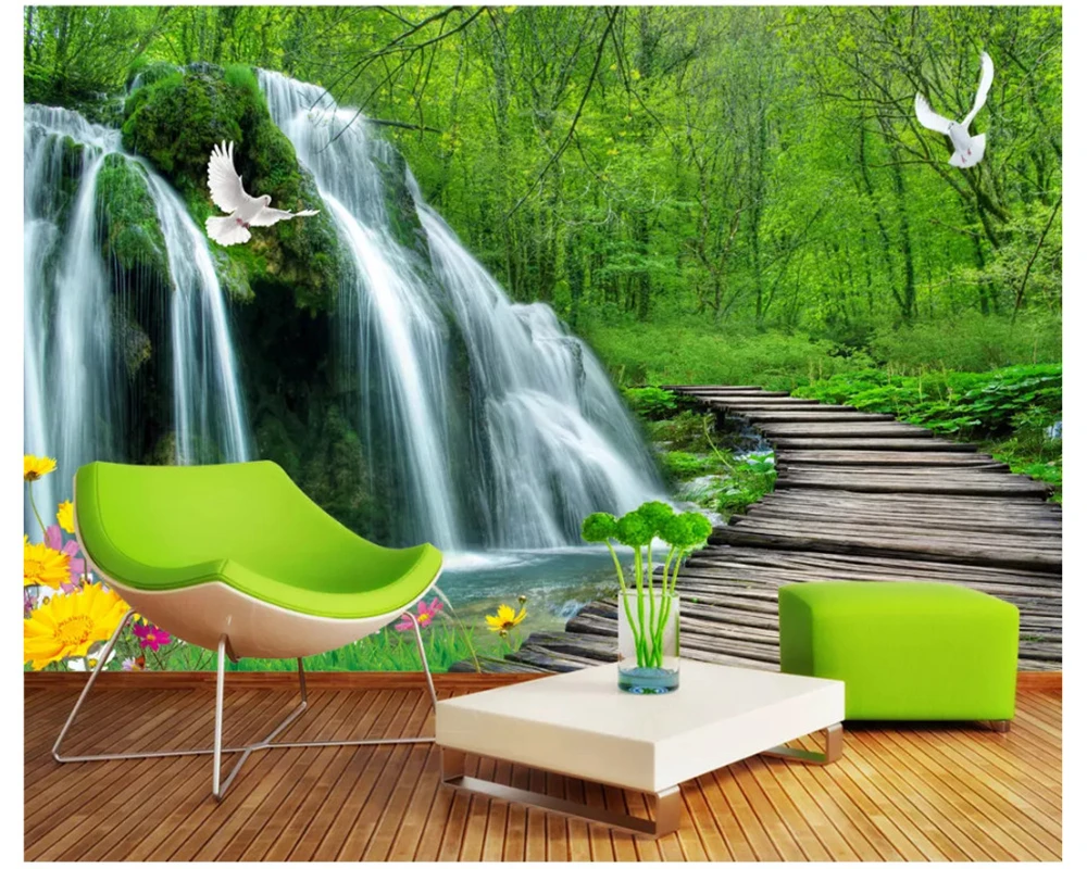 beibehang Custom fashion stereo wall paper waterfall wooden bridge 3D TV bedroom decorative painting background 3d wallpaper