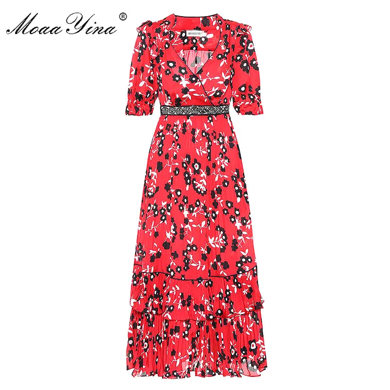 

MoaaYina Fashion Designer Runway dress Spring Summer Women Dress Short sleeve V-neck Ruffles Floral-Print Pleated Dresses