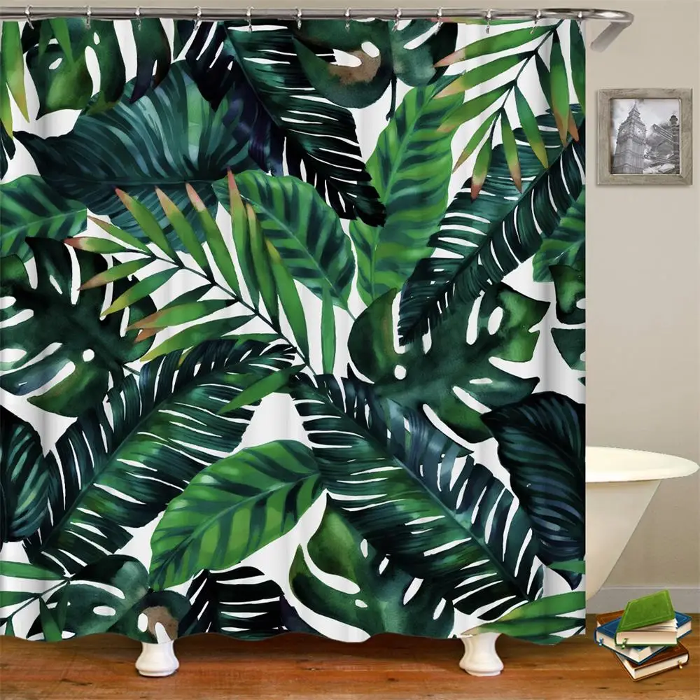 

Green Leaf Shower Curtains Tropical Palm Leaves Mildew Resistant and Waterproof Fabric Bathroom Curtains with Hooks