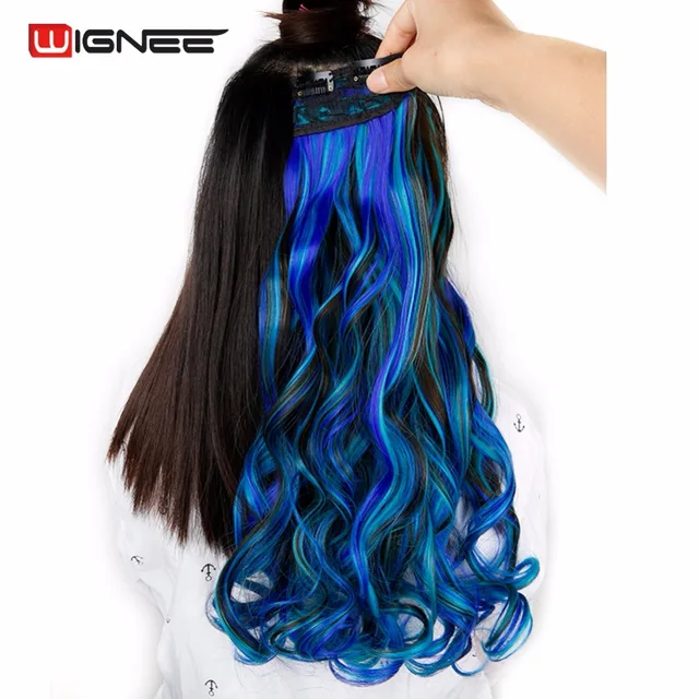 Cheap Wignee High Temperature Synthetic Fiber 5 Clips In Hair Extensions For Black/White Women Mixed Color Pink/Blue/Green Haitstyles