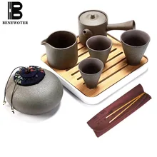 Быстрая чашка винтажный Janpanese Стиль Керамическая грубая керамика кунг-фу дорожный чайный набор 1 чайник 3 чашки 1 ярмарка чашка с лотком контейнеры для чая