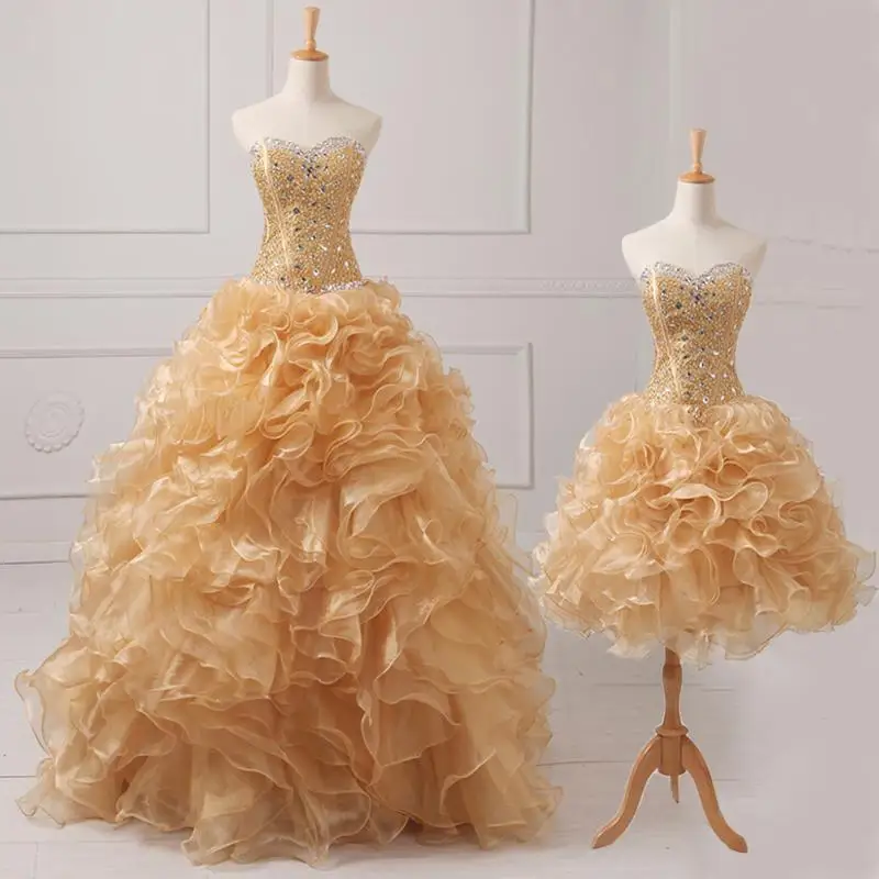 

New design beaded stones sweetheart dark champagne two piece quinceanera dresses short dress with floor length overlay