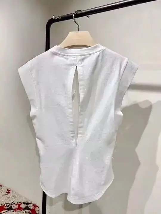 

Women White Backless T Shirt Sleeveless Hollow Out Summer Top Tee