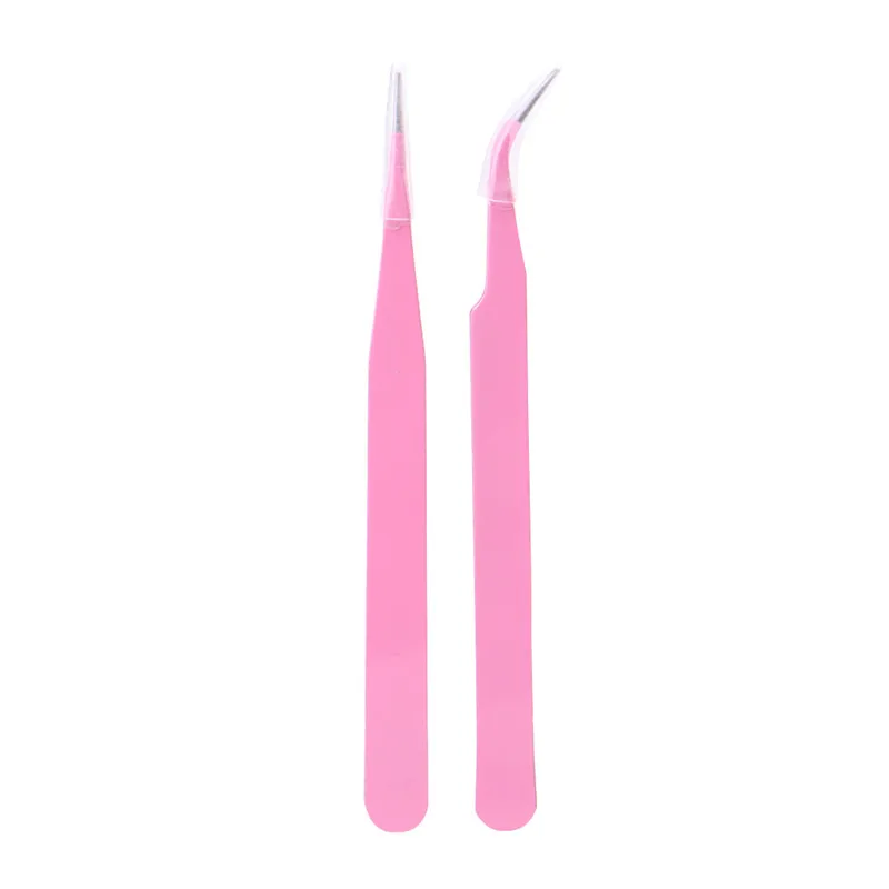 

2PC Pink Steel Straight + Bend Tweezer Nippers For Eyelash Extensions Nail Art Hair Removal Tweezers Pro