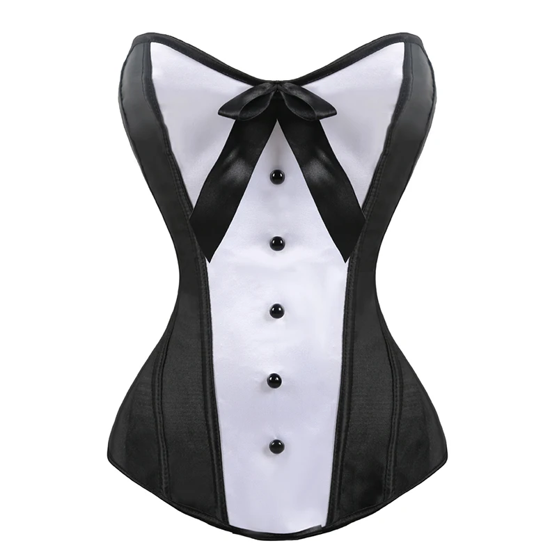 Baratos Corsé Steampunk Sexy cremallera Overbust gótico ropa mujer negro blanco Patchwork cintura Trainer corsés estilo Burlesque y Bustiers