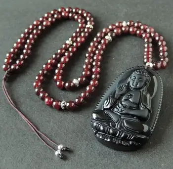 

Men Women Garnet Obsidian Buddha Pendant Necklace with Sterling Silver Bead