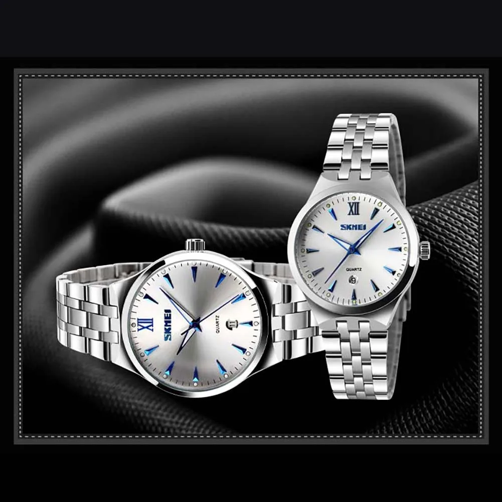SKMEI 9071, мужские и Женские часы, модные парные часы, светящаяся Дата, календарь, нержавеющая сталь, кварцевые наручные часы для влюбленных, Женские часы
