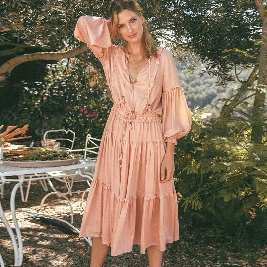

FECCER boho dress 2019 rayon pink solid dresses ruffles summer dresses Gypsy v-neck Elastic waist long women dresses vestido
