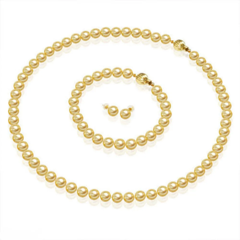 

8MM Golden Akoya Shell Pearl Necklace 18'' Bracelet 7.5'' Earring Set AAA^^^@^Noble style Natural Fine jewe FREE SHIPPING