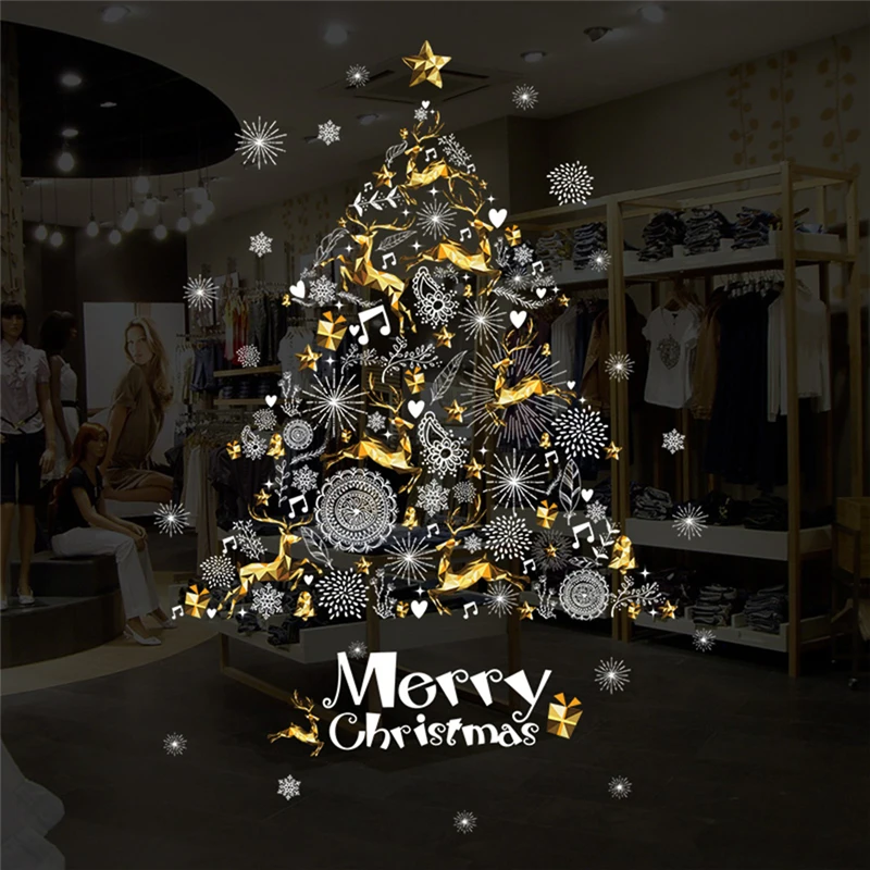 DIY Merry Christmas Window Wall Sticker Self Adhesive Christmas Decorations for Home Xmas Tree Snowflake Festival Shop Decor