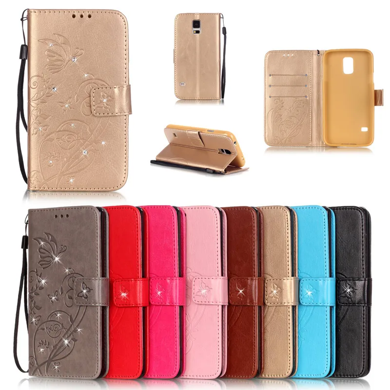 

Luxury Bling Book Style PU Leather Flip Butterfly Case Cover For Samsung Galaxy S5 I9600/S5 Mini Phone Bags+Strap