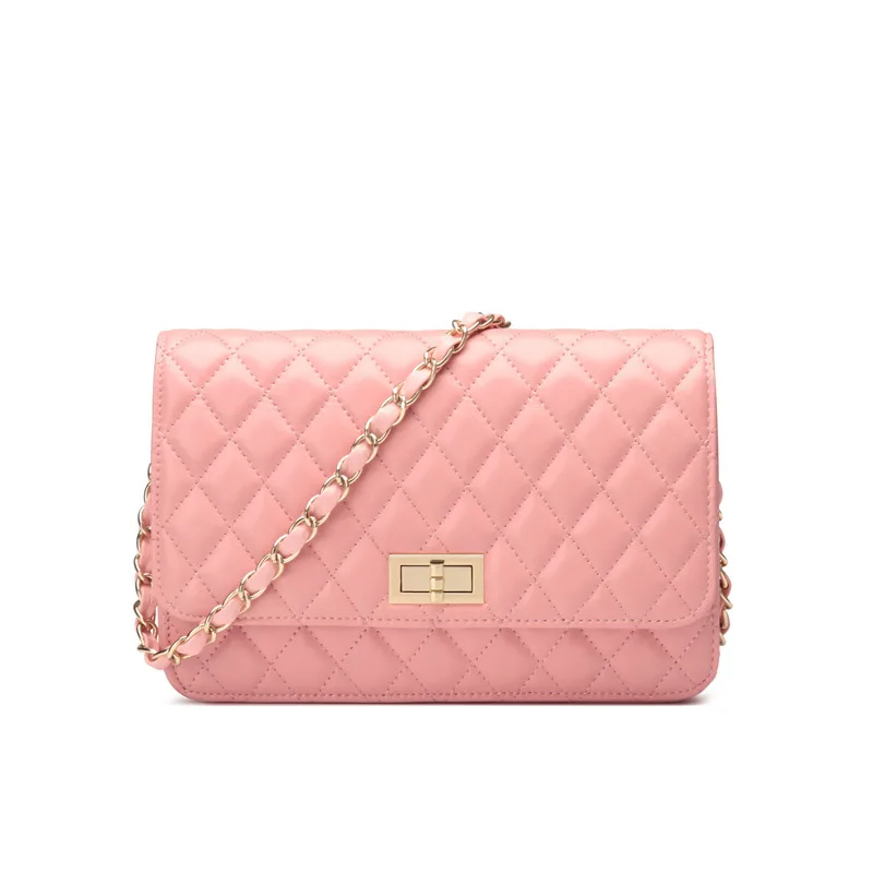 Camelia стеганая сумка с клапаном из натуральной кожи ягненка с кожаным плетеным ремешком на цепочке - Цвет: Розовый