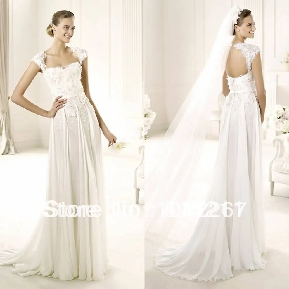 Free Shipping Vintage Lace Cap Sleeves Open Back Ivory Chiffon