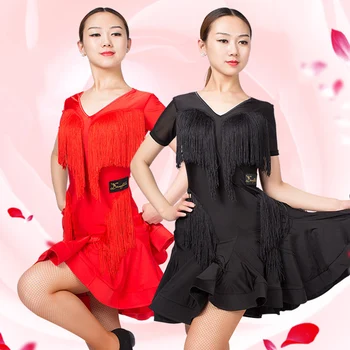 

Latin Dance Dress Ladies Short Sleeve Tassel Tango Salsa Cha Cha Rumba Samba Wear Women Practice Performance Clothes DNV11761