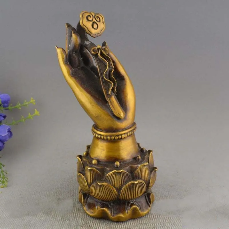 

8" China buddhism brass guan yin buddha hand ru yi lotus flower statue