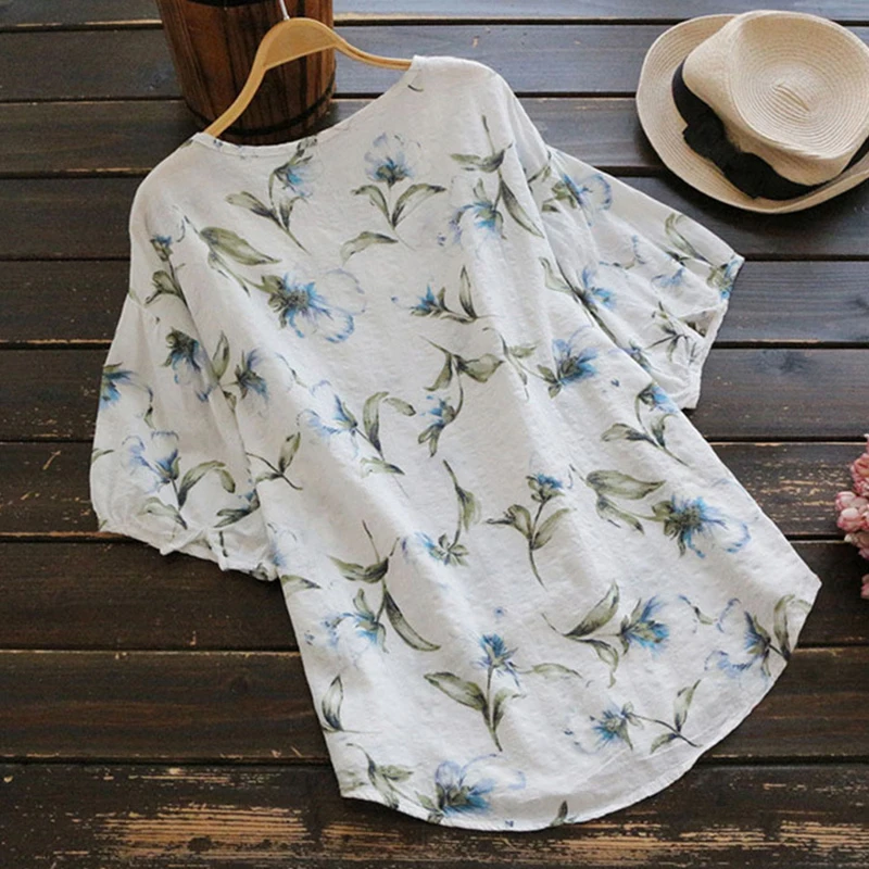 2019 New Summer Women Cotton Linen Top Blouse Soft Floral Print Loose Shirt Femme Casual O neck Plus Size Shirts Casual S-4XL