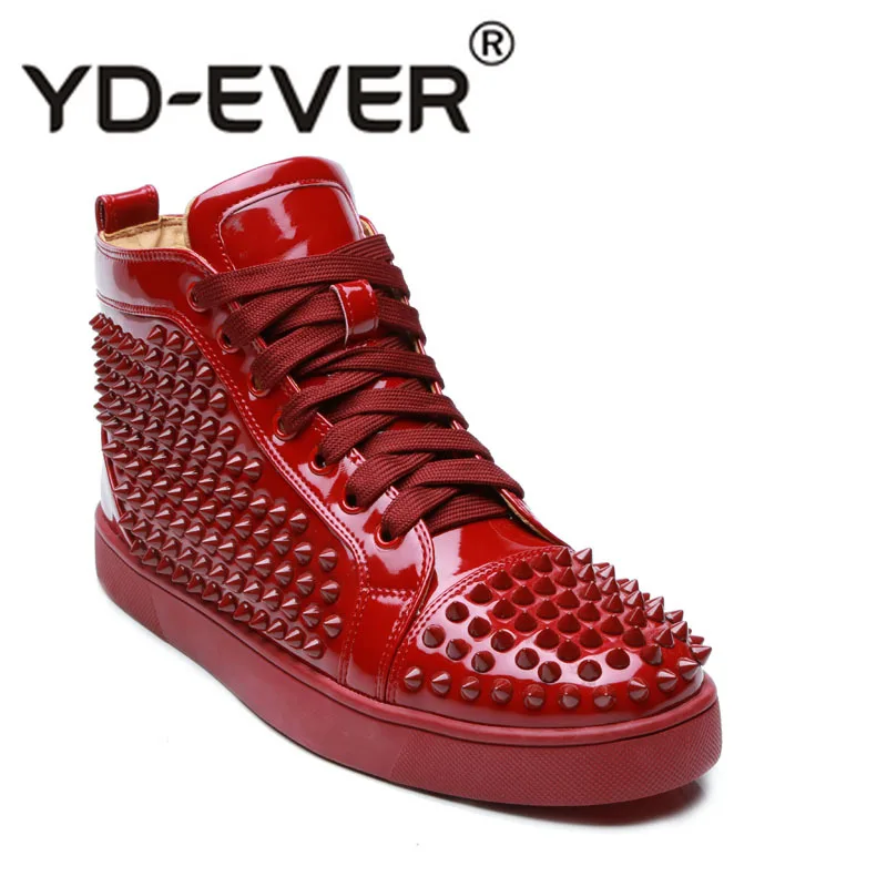 

Designer Men's Rivet Shoe Pu Leather Casual Shoes for Men Lace Up High Top Sneakers Rubber Sole Studded Men Red Shoes