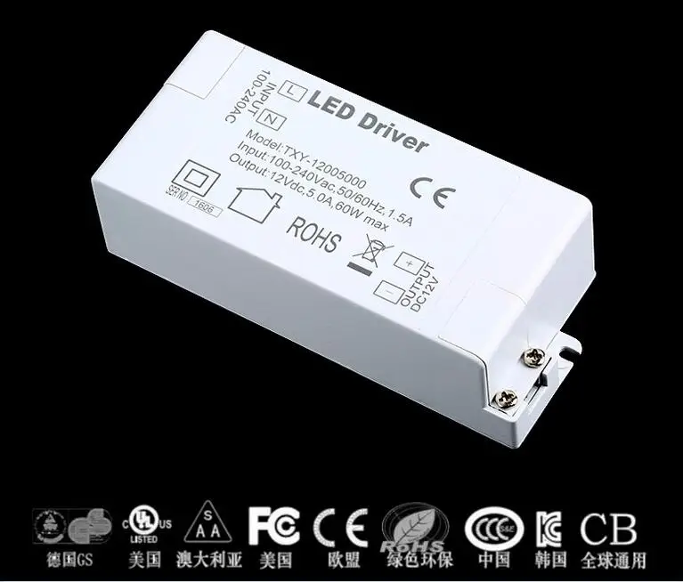 2021 светодиодный Питание 12V 5A 60W Светодиодный драйвер AC DC адаптер 100V 240V
