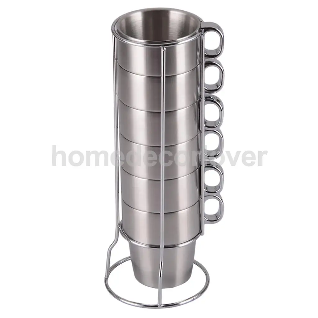 Stainless Steel Cup Double Wall  Tea Coffee Mug Unbreakable 6Mugs and Holder