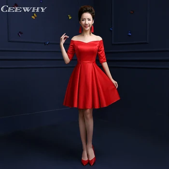 

CEEWHY Off Shoulder Satin Dress Knee Length Prom Dress Short Evening Gown Cocktail Dresses 2019 Homecoming Dresses Abendkleider