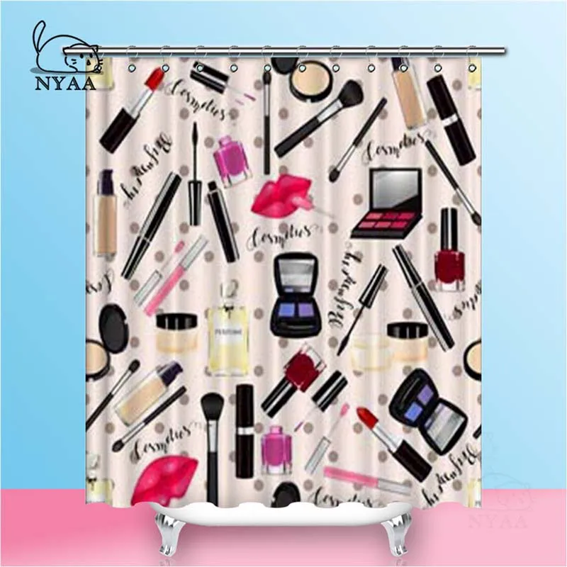 

NYAA Makeup Perfume Cosmetics Shower Curtains Lipstick Nail Polish Brush Waterproof Polyester Fabric Bathroom Curtains