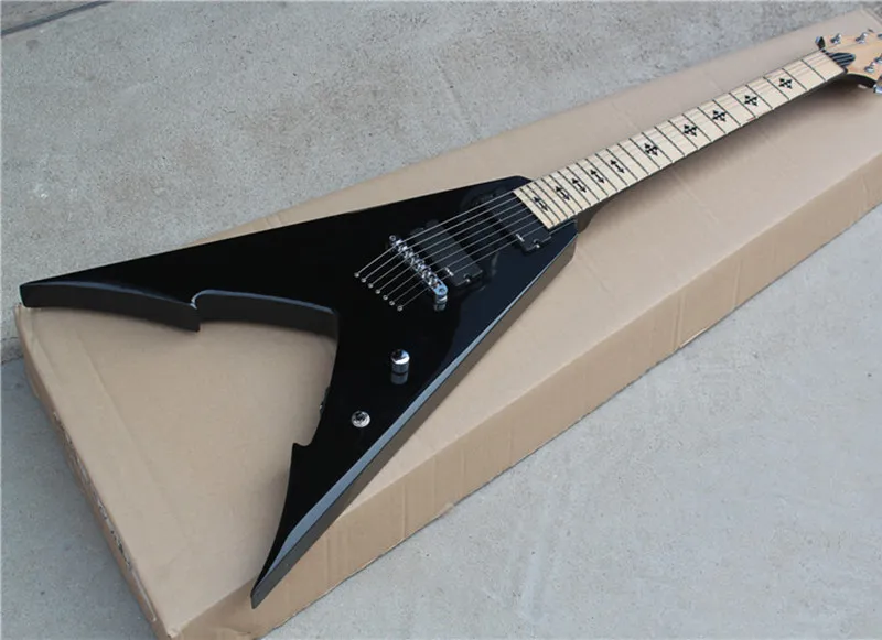 

Free Shipping-Electric Guitar with 7 Strings,Flying V Black Body,Maple Fretboard,String-thru-body Design and can be Customized