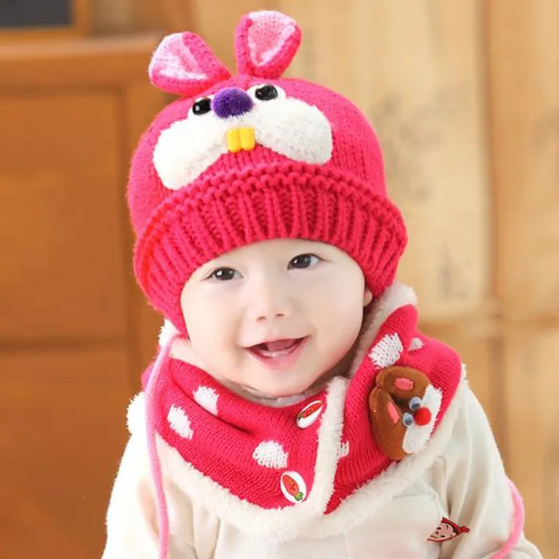 Kids Hat For Girls Boys Winter Warm Baby Accessories Set Cartoon Beanie Caps+Scarfs Baby Cap Suits