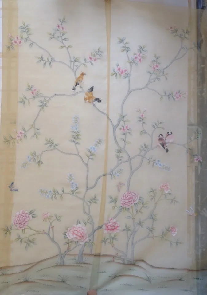 

Elegant Hand-painted transparent Silk gauze painting flowers with birds wallcovering many patterns and color optional