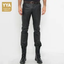Натуральная кожа длинные штаны Для мужчин Уличная High Street Повседневное двигателя тонкий узкие джинсы Классические в стиле панк Модные Calca человек