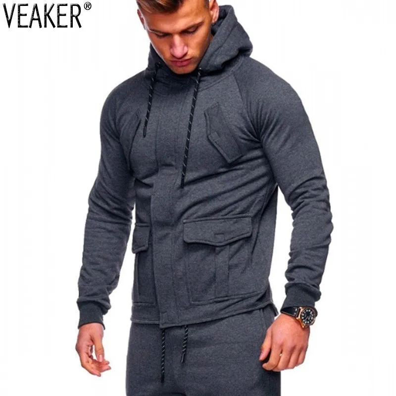 2018 Autumn New Men's Zipper Hoodies Coat Multi Pocket Fitness ...