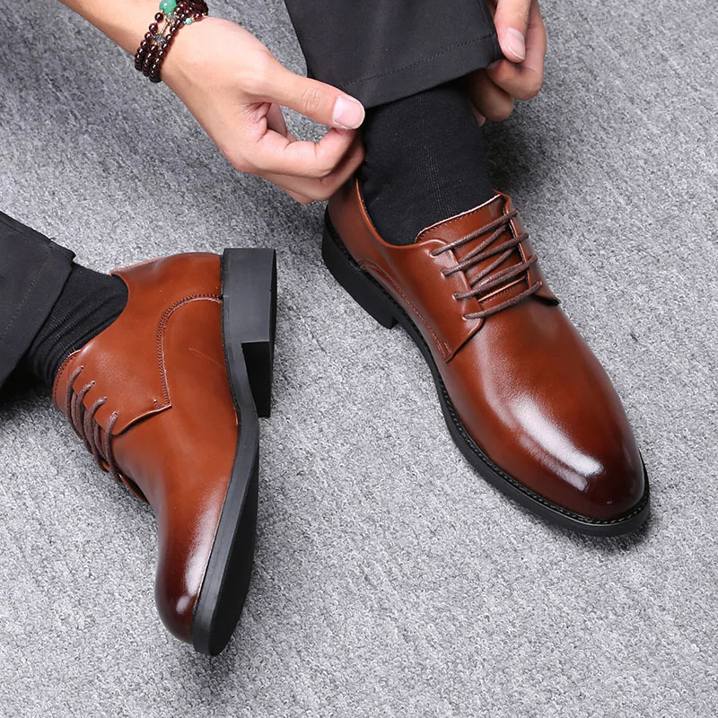 

Pointed Toe Fashion Leisure Genuine Leather Men's Dress Shoes Lace-Up Med Sewing Oxfords Solid Spring Autumm Casual Men Shoes