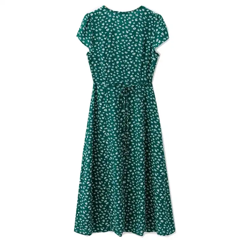 green wrap dress with white flowers