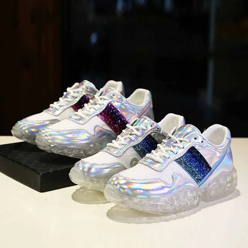 

Aidenkid 2019 spring and summer super fire colorful crystal jelly bottom leather laser flying woven shoes ladies casual shoes