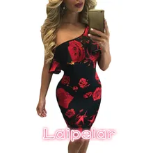 Laipelar One Shoulder Dresses Print Summer Sexy Vintage Women Party clothes Blue Rose Frill Midi Dress Vestido Laipelar One Shoulder Dresses Print Summer Sexy Vintage Women Party clothes Blue Rose Frill Midi Dress Vestido