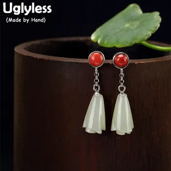 

Uglyless Real S 925 Sterling Silver Natural Jade Flower Dangle Earrings for Women Statement Agate Brincos Bijoux Beads Jewelry
