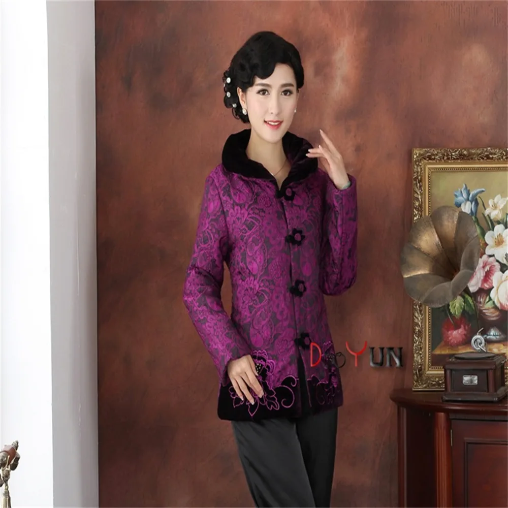 Discount Purple Chinese Tradition Women's Long sleeve Wadded Jacket Middle-aged Embroidery Tang Suit OuterwearM L XL XXL 3XL 4XL