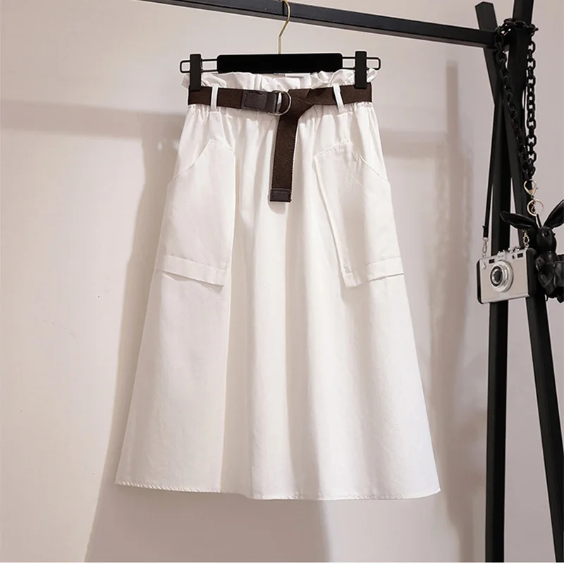 

Midi Knee Length Summer Skirt Women With Belt 2019 Spring Casual Cotton Solid High Waist Sun School Skirt Female