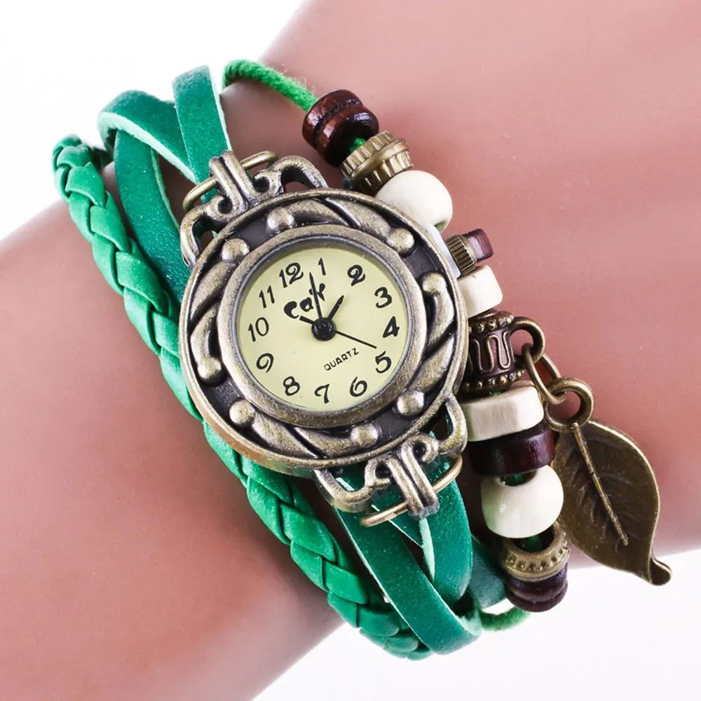 Коричневый модный и Повседневный Ретро Плетеный женский браслет с бусинами и листьями, браслет, кварцевые наручные часы с пряжкой
