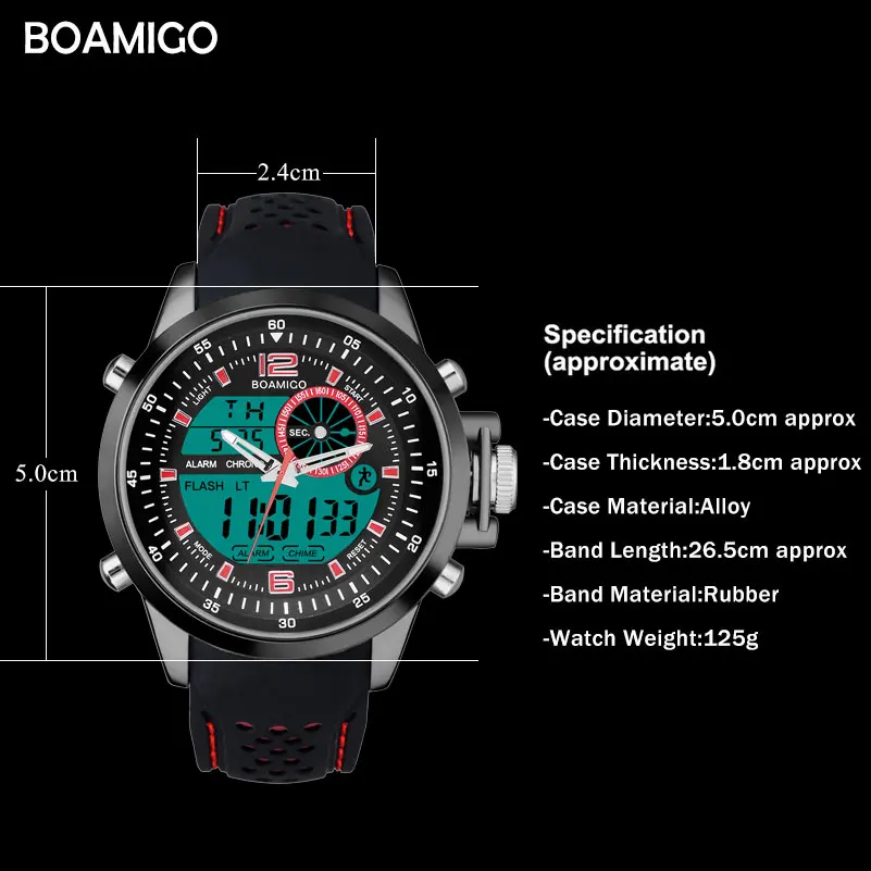 Мужские спортивные часы, Двойные цифровые часы, резиновые аналоговые кварцевые часы BOAMIGO, брендовые красные наручные часы с хронографом, reloj hombre